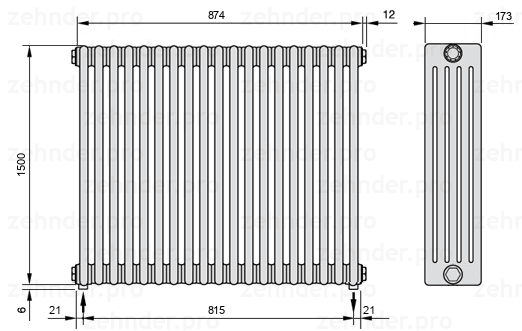 Схема (чертеж) Радиатор Zehnder Charleston 5150/19 №3570 Белый глянцевый RAL 9016